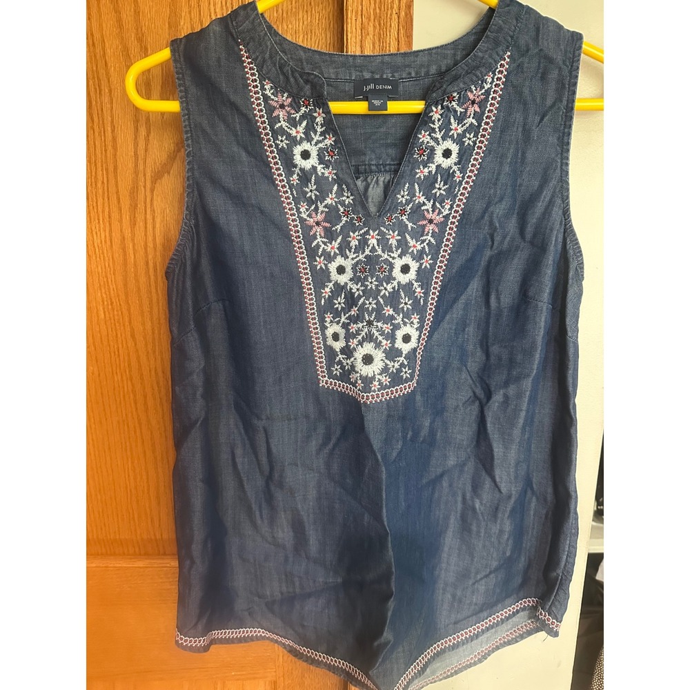 J. Jill Denim Lyocell Embroidered Sleeveless Shell Top Indigo XS NWOT
